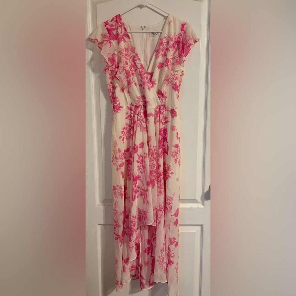 Eliza J NWOT High Low Maxi Dress Womens 10 Pink‎ Floral Ruffle Flutter Sleeve